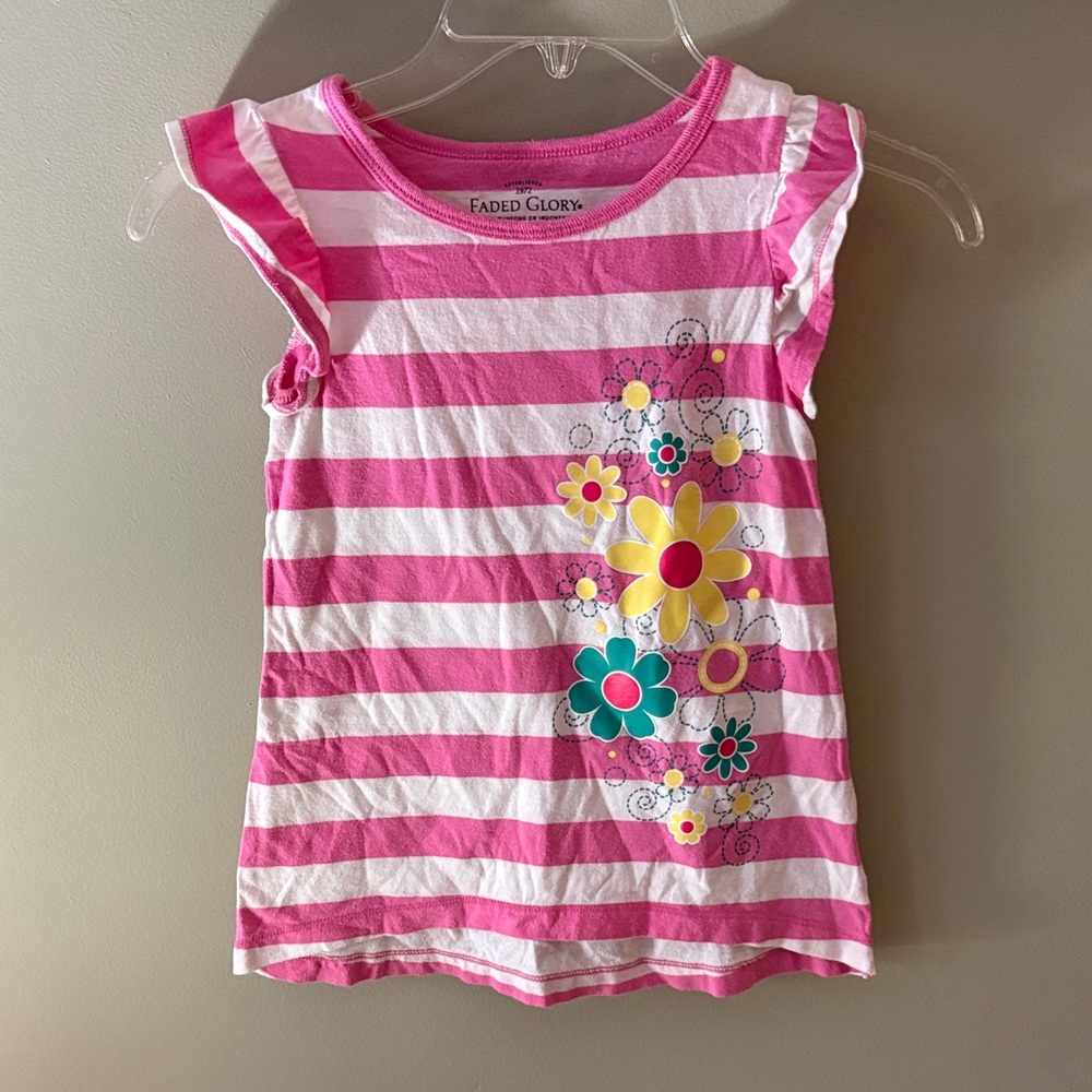 Faded Glory Pink & White Striped Floral Tank